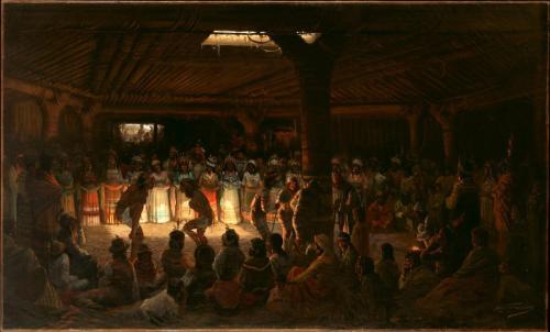 Dance-in-a-Subterranean-Roundhouse-at-Clear-Lake-California-1878-by-Jules-Tavernier